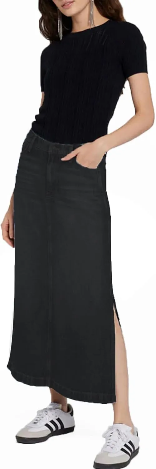 Women's Vintage Denim Long Skirt A-Line High Waisted Front Slit Casual Maxi Jean Skirt