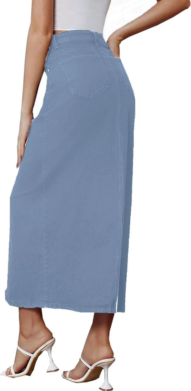 Women's Vintage Denim Long Skirt A-Line High Waisted Front Slit Casual Maxi Jean Skirt