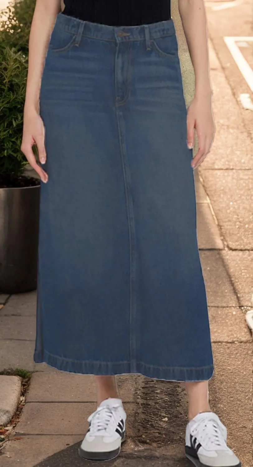 Women's Vintage Denim Long Skirt A-Line High Waisted Front Slit Casual Maxi Jean Skirt
