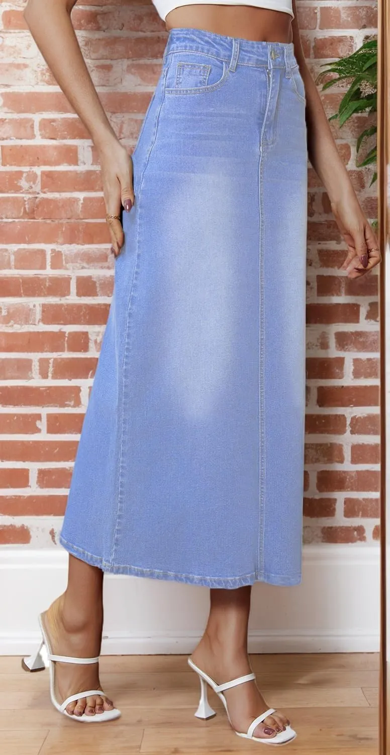 Women's Vintage Denim Long Skirt A-Line High Waisted Front Slit Casual Maxi Jean Skirt