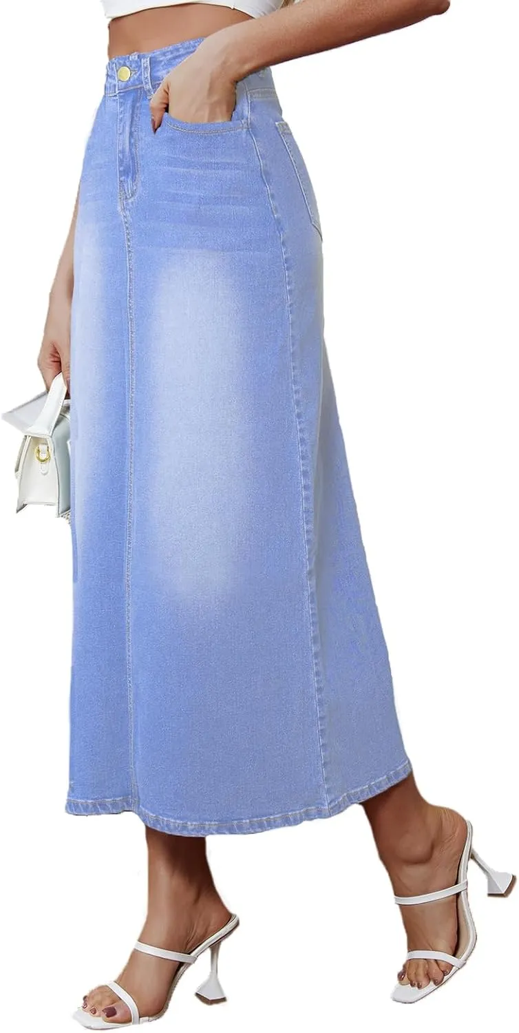 Women's Vintage Denim Long Skirt A-Line High Waisted Front Slit Casual Maxi Jean Skirt