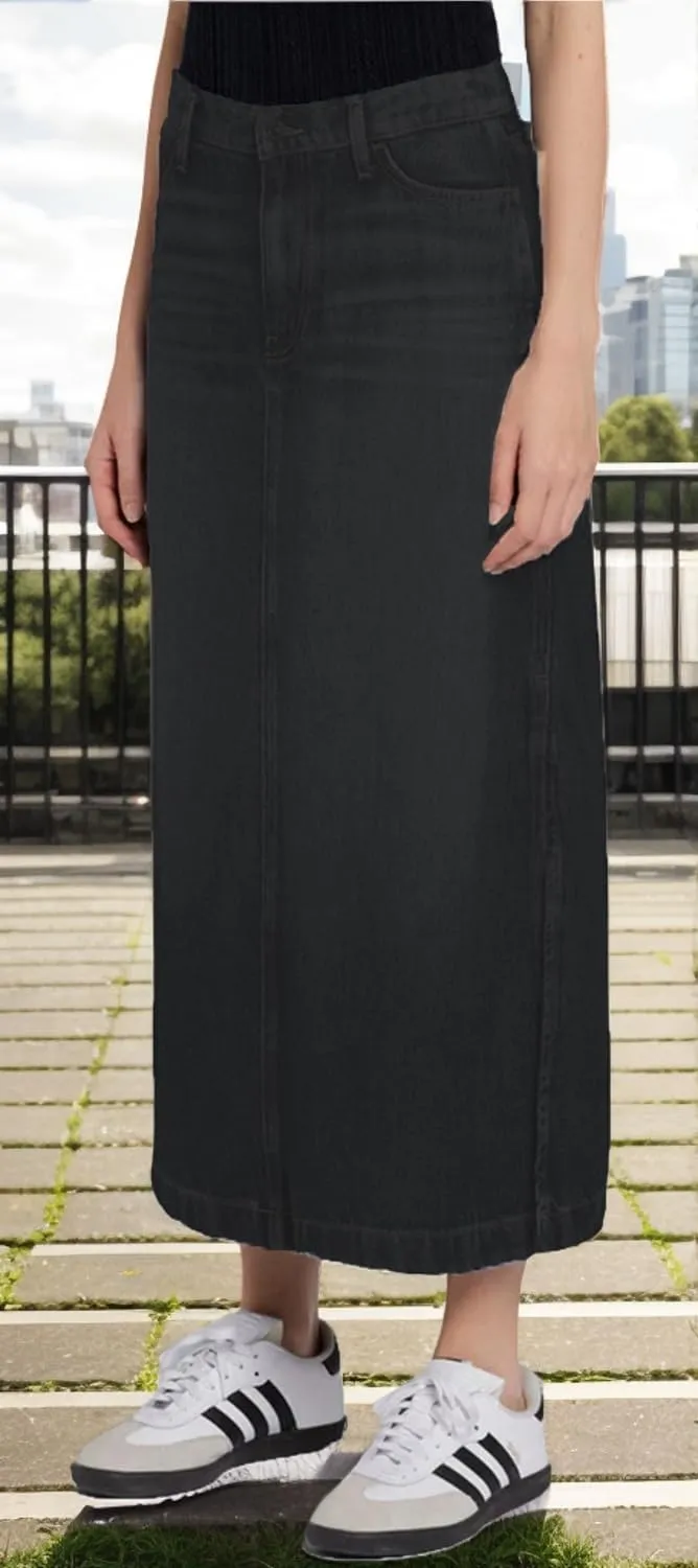 Women's Vintage Denim Long Skirt A-Line High Waisted Front Slit Casual Maxi Jean Skirt
