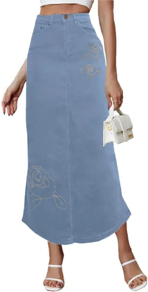 Women's Vintage Denim Long Skirt A-Line High Waisted Front Slit Casual Maxi Jean Skirt