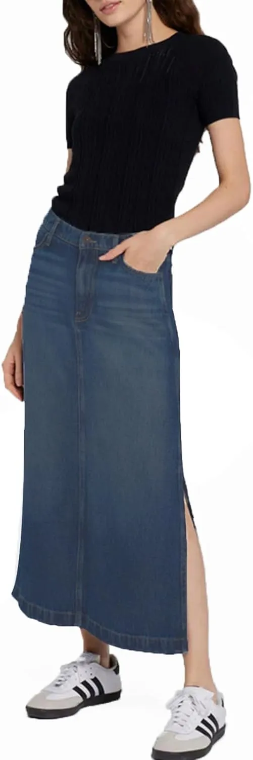 Women's Vintage Denim Long Skirt A-Line High Waisted Front Slit Casual Maxi Jean Skirt