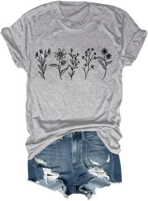 Women's Vintage Floral T Shirt Wildflower Graphic Loose Tees Short Sleeve Casual Tops
