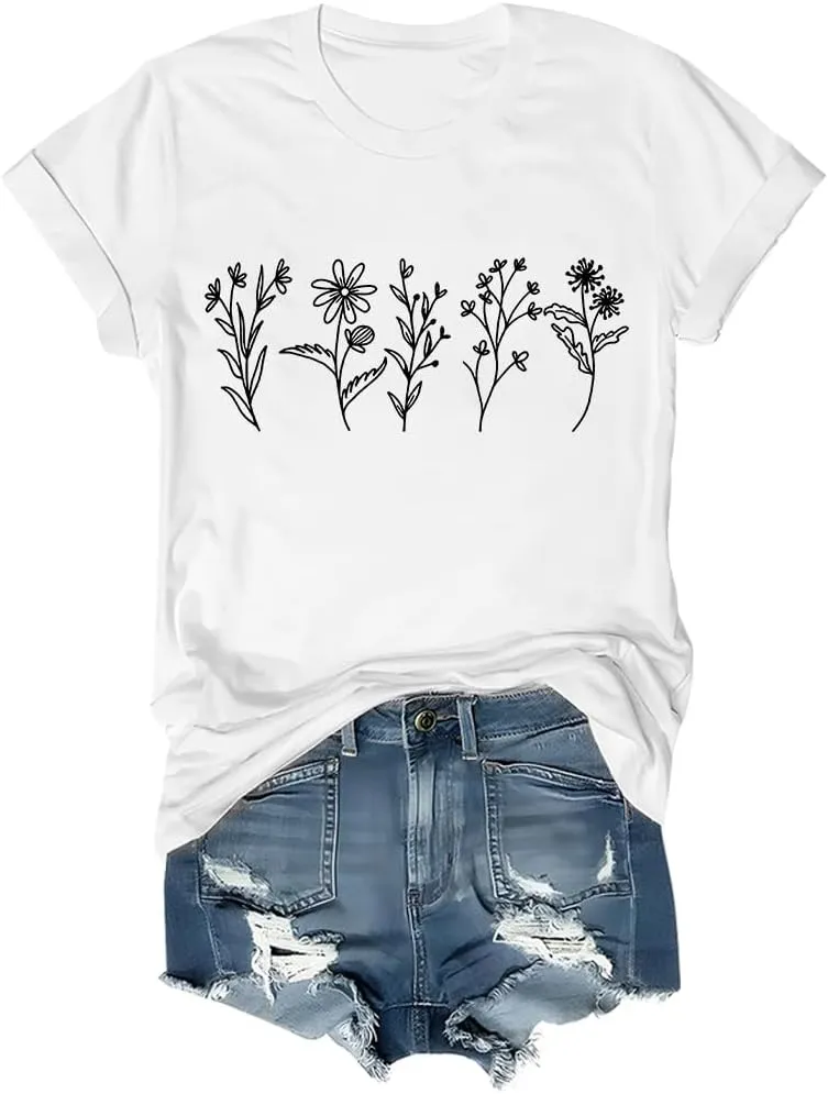 Women's Vintage Floral T Shirt Wildflower Graphic Loose Tees Short Sleeve Casual Tops