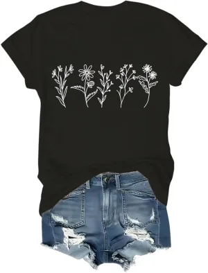 Women's Vintage Floral T Shirt Wildflower Graphic Loose Tees Short Sleeve Casual Tops