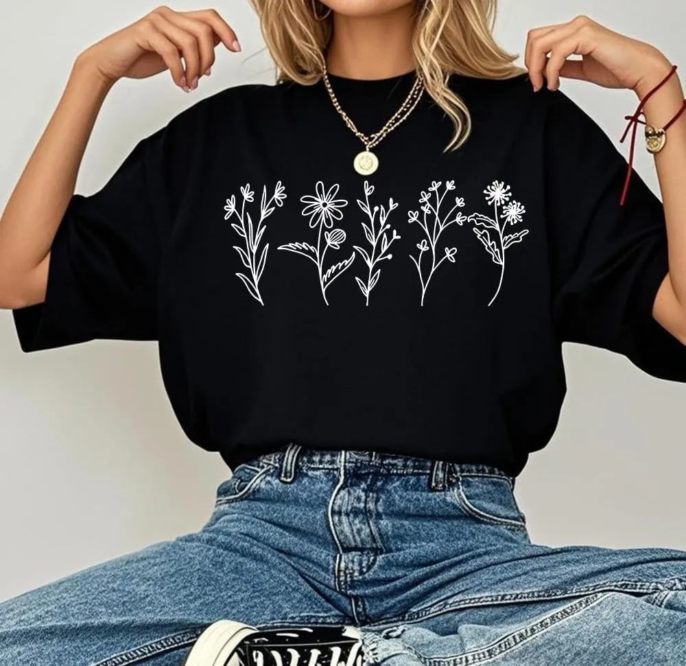 Women's Vintage Floral T Shirt Wildflower Graphic Loose Tees Short Sleeve Casual Tops