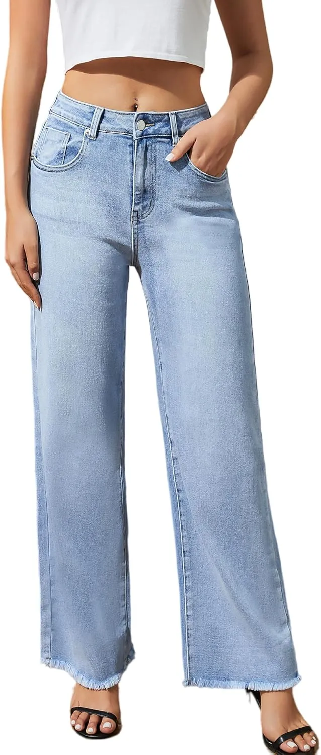 Women's Wide Leg Jeans High Waisted Strechy Jeans for Women Straight Raw Hem Loose Casual Denim