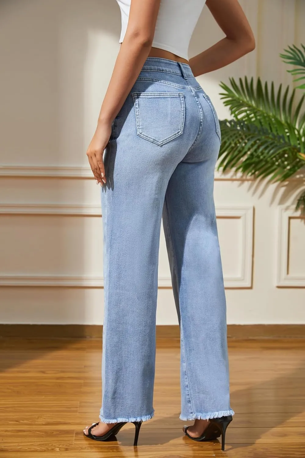 Women's Wide Leg Jeans High Waisted Strechy Jeans for Women Straight Raw Hem Loose Casual Denim