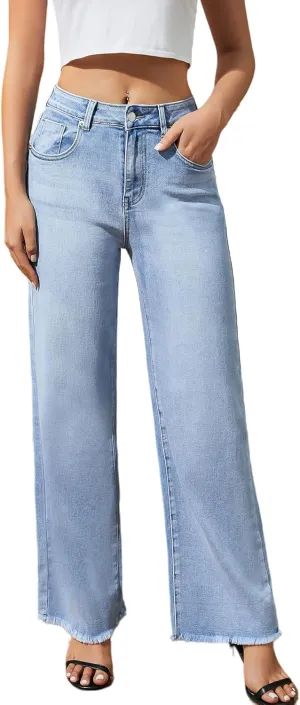 Women's Wide Leg Jeans High Waisted Strechy Jeans for Women Straight Raw Hem Loose Casual Denim