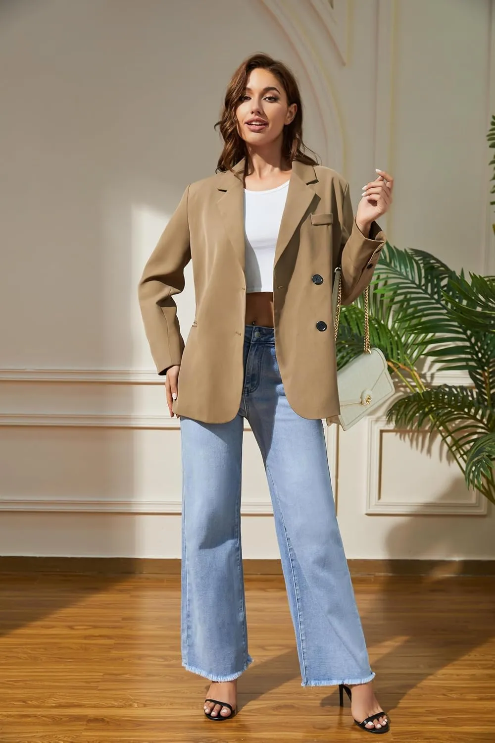 Women's Wide Leg Jeans High Waisted Strechy Jeans for Women Straight Raw Hem Loose Casual Denim