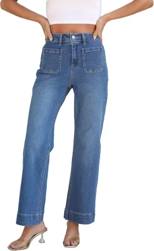 Women's Wide Leg Jeans Trendy High Rise Straight Leg Jeans for Women Stretchy Pockets Bootcut Denim Pants