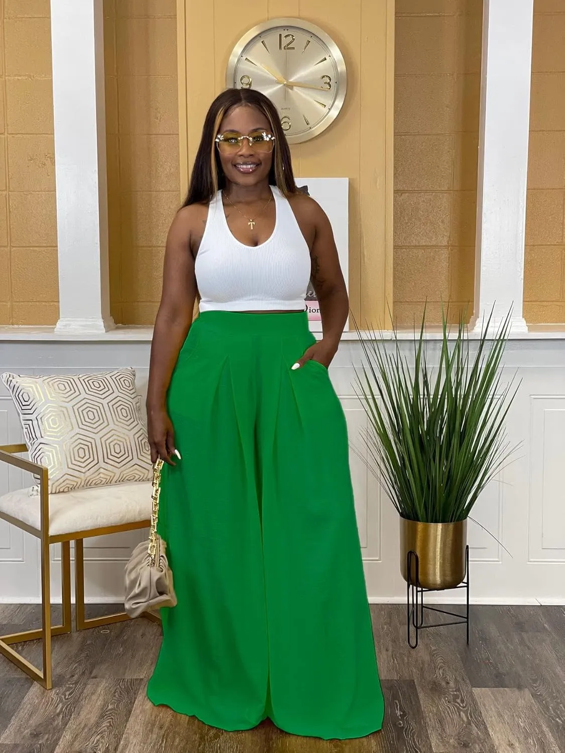 Women's Wide Leg Long Palazzo Pants High Waist Loose Fit Casual Flowy Pants Trousers with Pockets