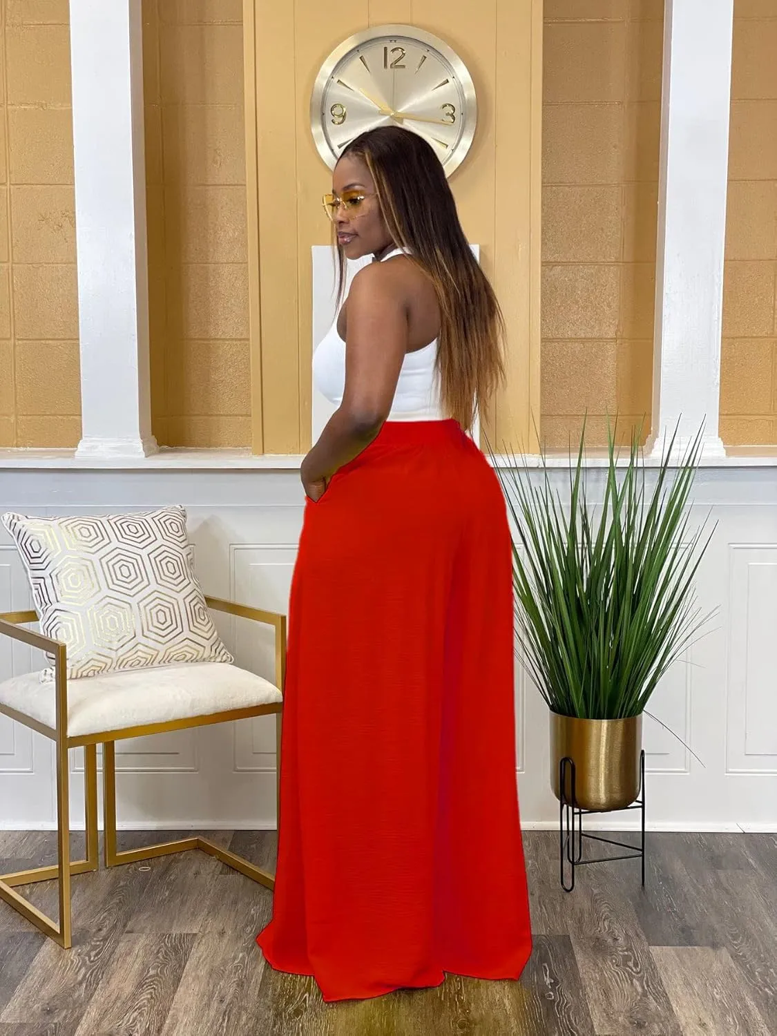 Women's Wide Leg Long Palazzo Pants High Waist Loose Fit Casual Flowy Pants Trousers with Pockets