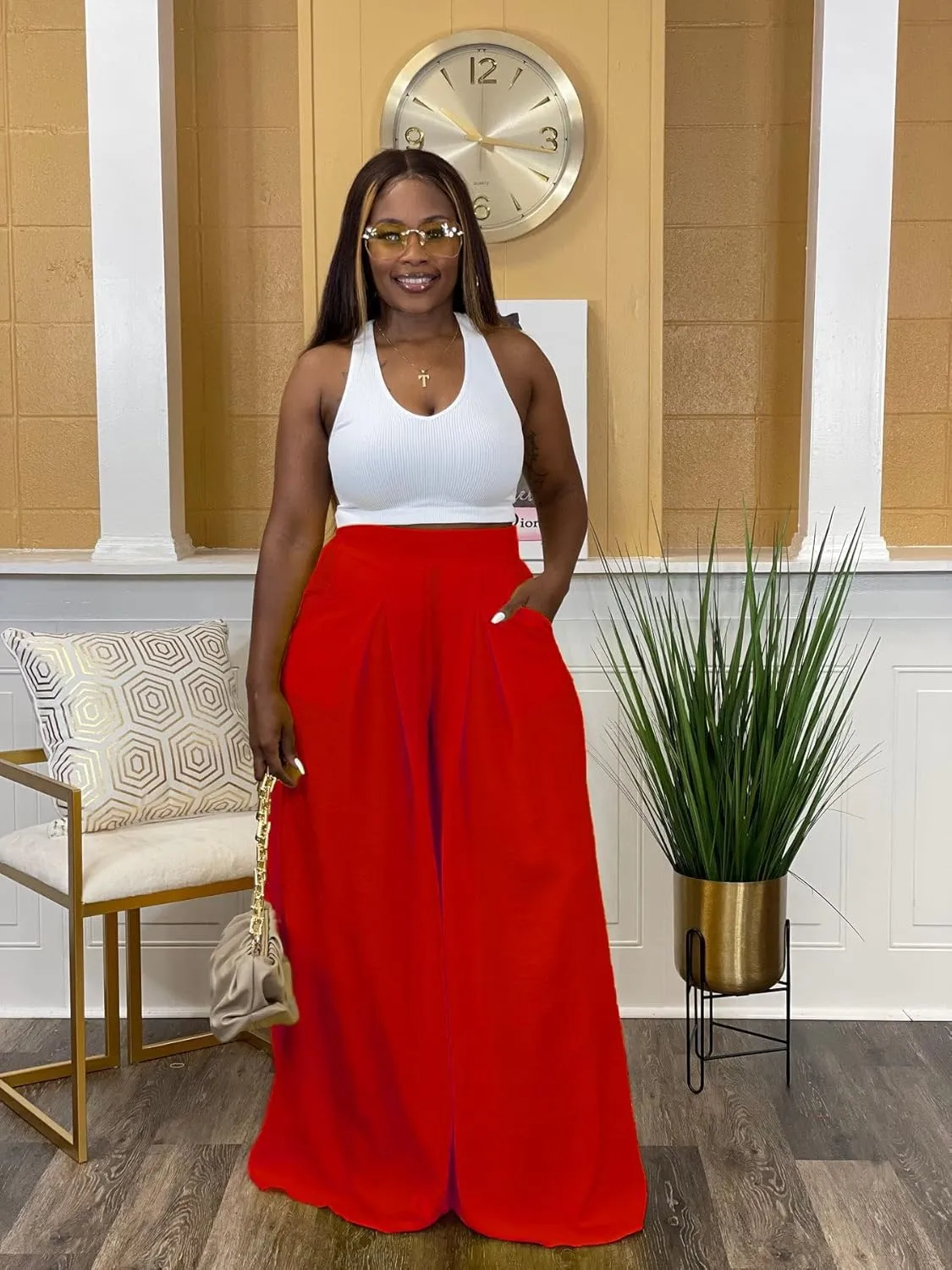Women's Wide Leg Long Palazzo Pants High Waist Loose Fit Casual Flowy Pants Trousers with Pockets