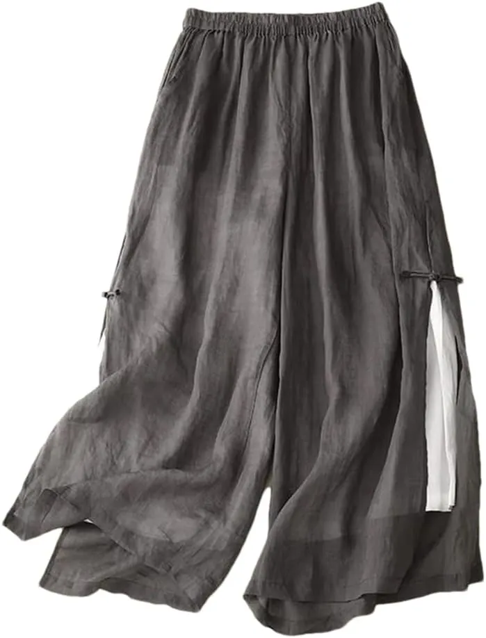Women's Wide Legs Split Pants Cotton Linen Casual Trousers Loose Button Up Summer Pant