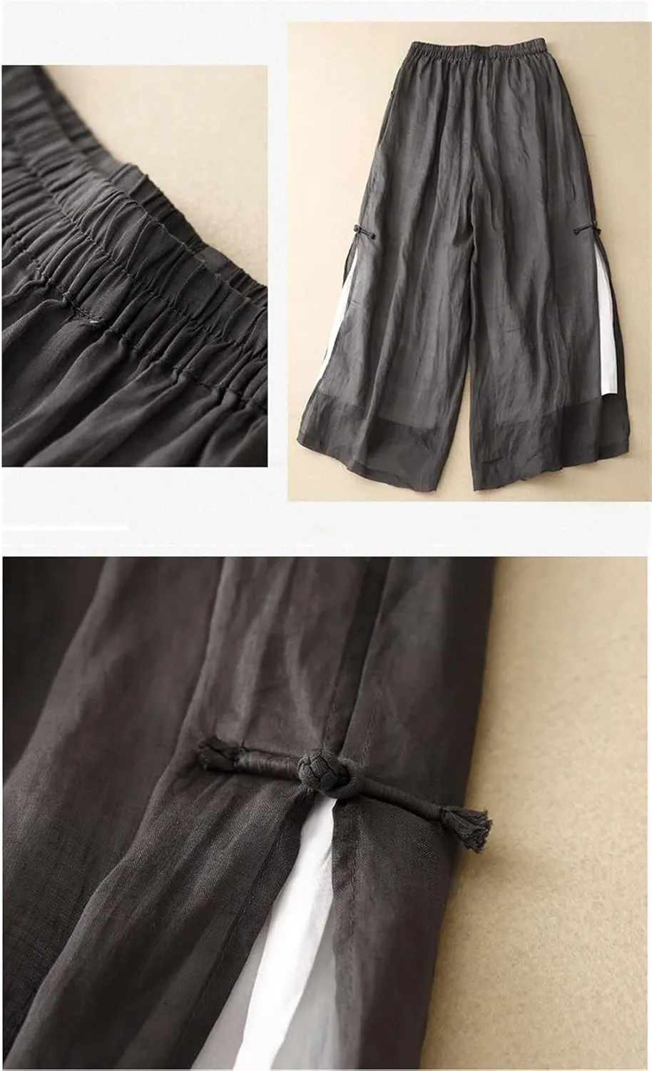 Women's Wide Legs Split Pants Cotton Linen Casual Trousers Loose Button Up Summer Pant