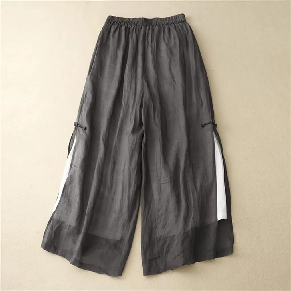 Women's Wide Legs Split Pants Cotton Linen Casual Trousers Loose Button Up Summer Pant