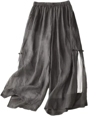 Women's Wide Legs Split Pants Cotton Linen Casual Trousers Loose Button Up Summer Pant