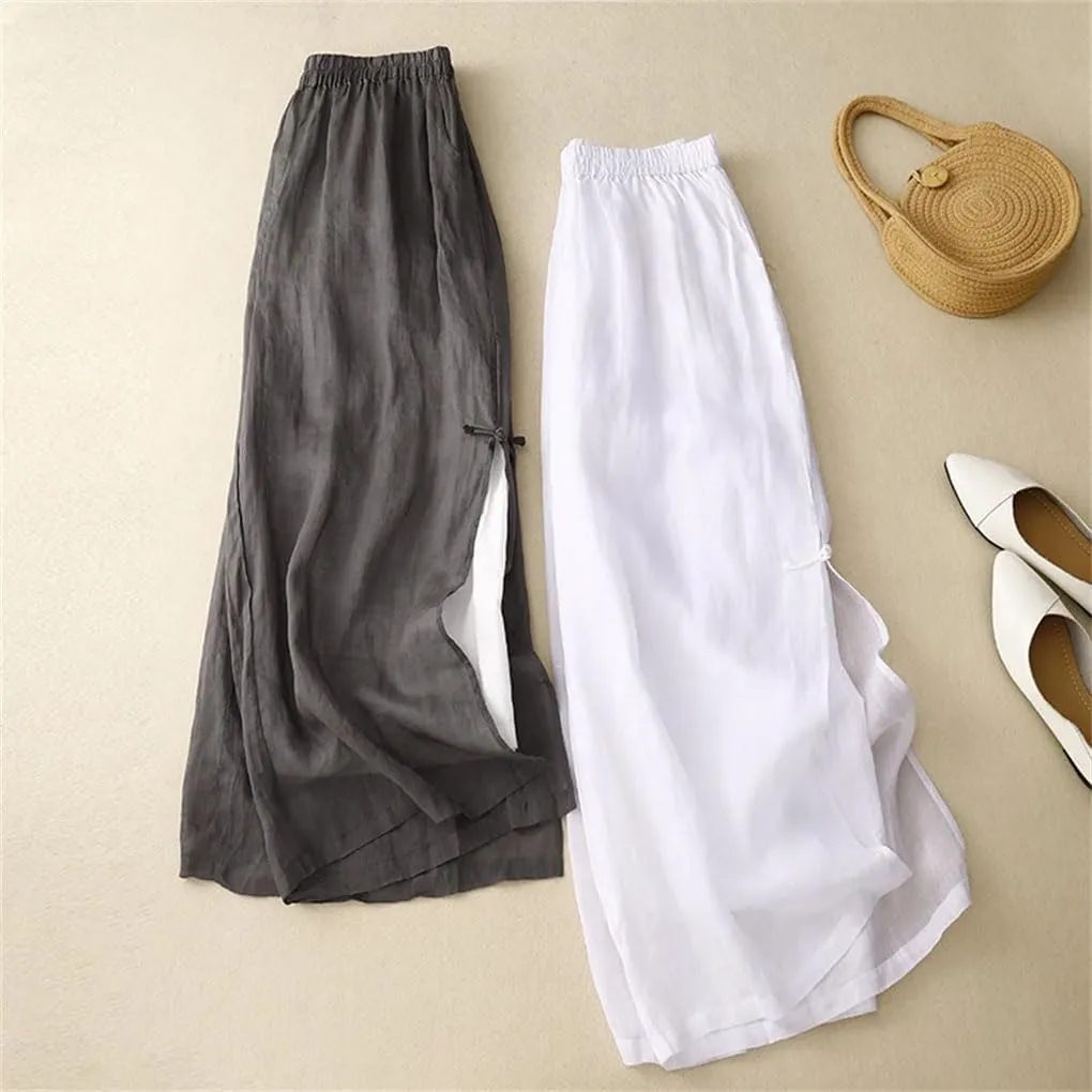 Women's Wide Legs Split Pants Cotton Linen Casual Trousers Loose Button Up Summer Pant