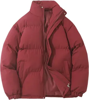 Women's Winter Vintage Warm Puffer Jacket Parkas Warm Cotton-Padded Coat Cropped Puffer Quilted Tops Burgundy