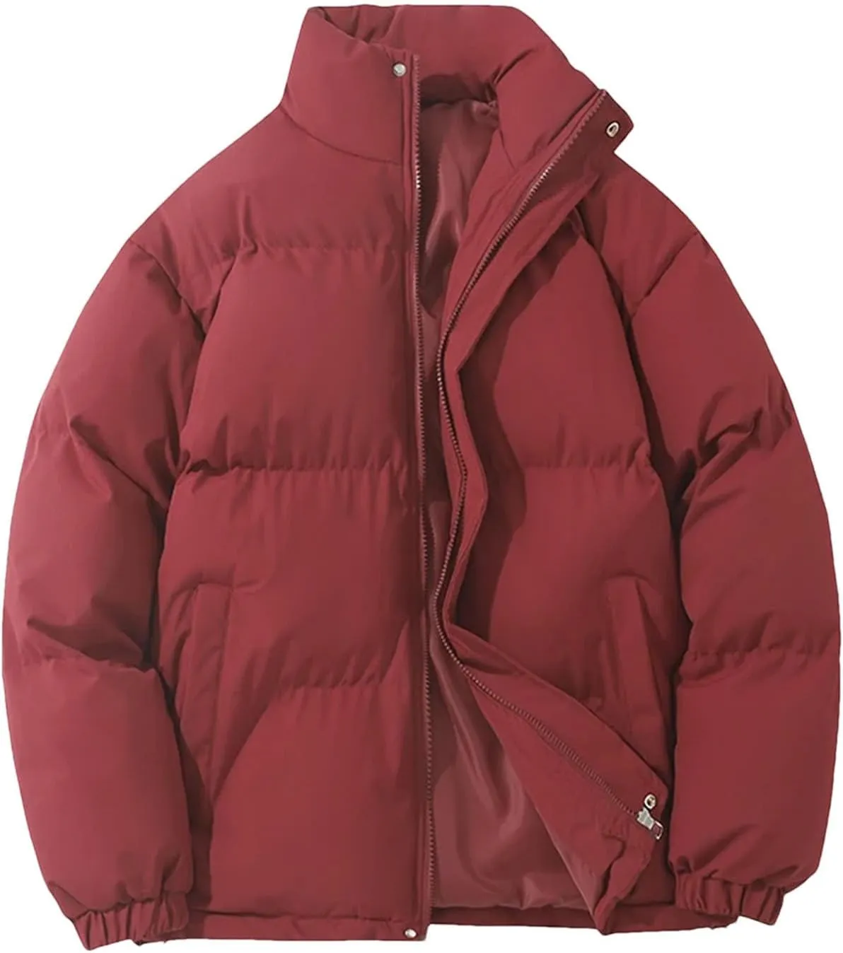 Women's Winter Vintage Warm Puffer Jacket Parkas Warm Cotton-Padded Coat Cropped Puffer Quilted Tops Burgundy