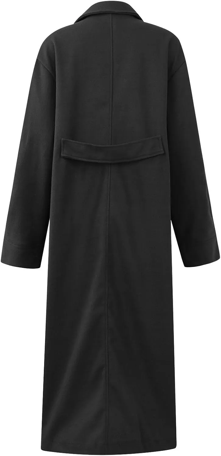 Women's Wool Blend Maxi Pea Coat Plus Size Turn Down Collar Button Down Windbreaker Trench Coat with Flap Pockets