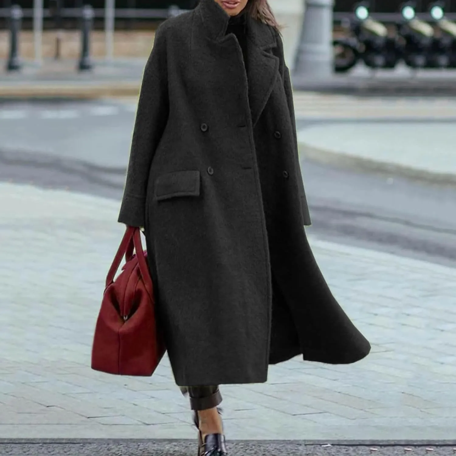 Women's Wool Blend Maxi Pea Coat Plus Size Turn Down Collar Button Down Windbreaker Trench Coat with Flap Pockets