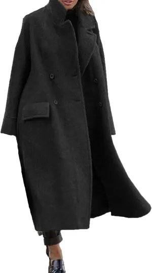 Women's Wool Blend Maxi Pea Coat Plus Size Turn Down Collar Button Down Windbreaker Trench Coat with Flap Pockets