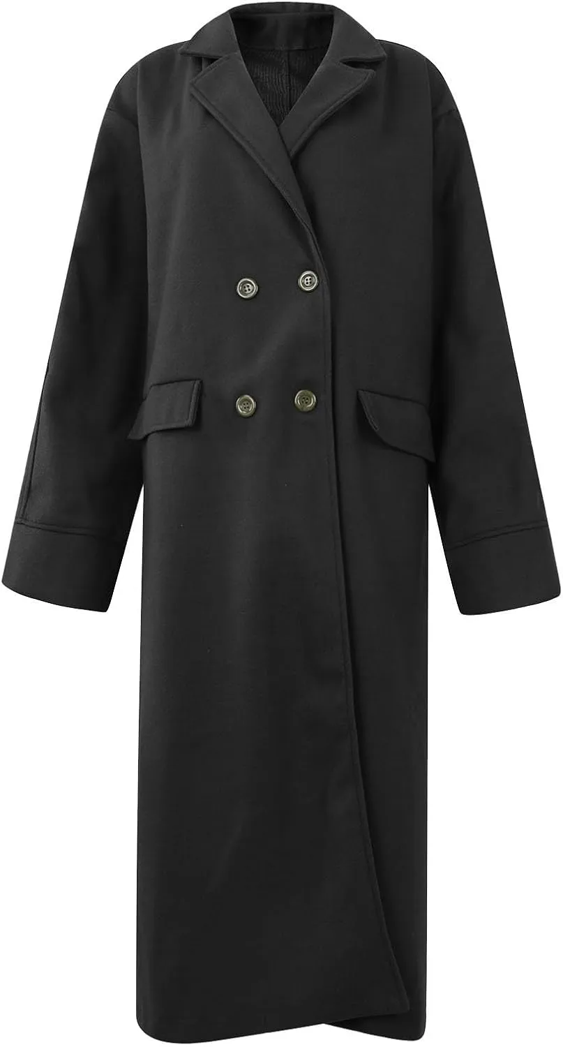 Women's Wool Blend Maxi Pea Coat Plus Size Turn Down Collar Button Down Windbreaker Trench Coat with Flap Pockets