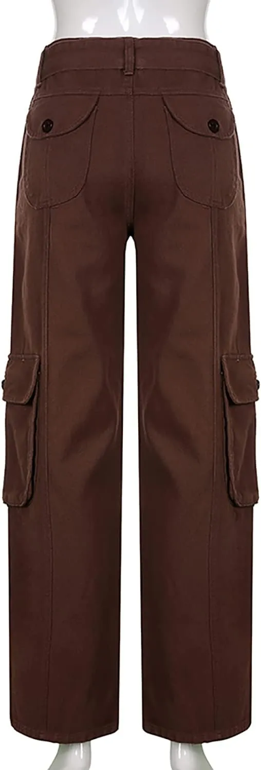 Women's Y2K High Waist Baggy Jeans Flap Pocket Relaxed Fit Straight Wide Leg Loose Fashion Cargo Jeans