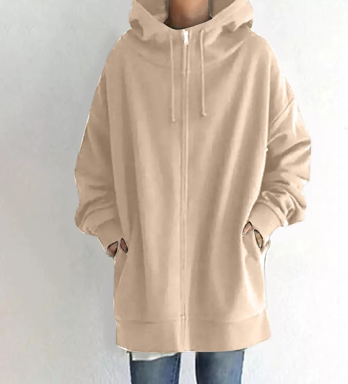 Womens Zip Up Hoodie Jacket Plus Size Long Sleeve Hooded Drawstring Oversized Coat Fall Winter Y2K Clothes
