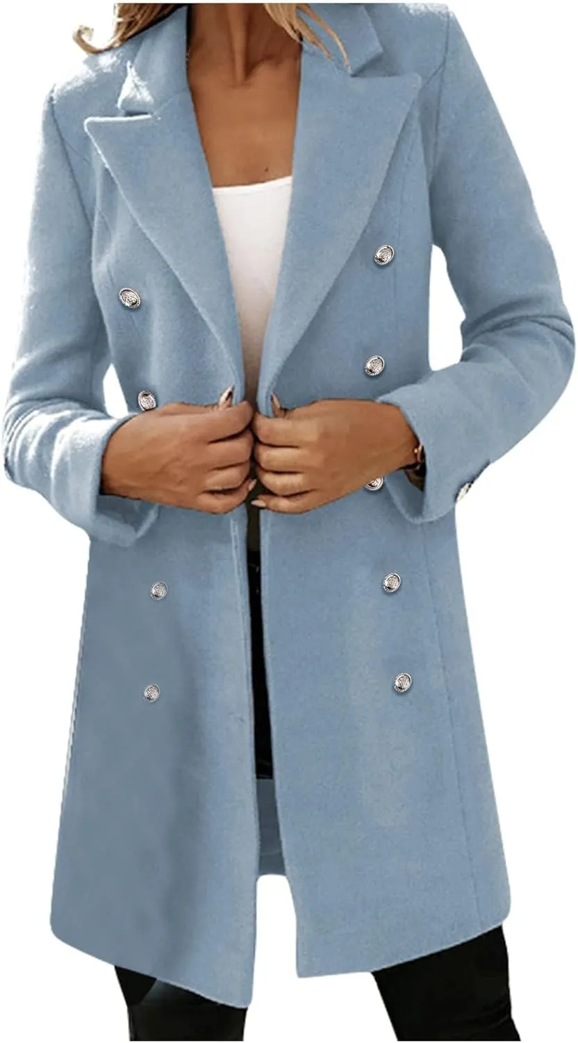 Wool Trench Coat Women Double Breasted Pea Coat Casual Long Sleeve Blazer Notch Collar Jacket Fall Winter Overcoat