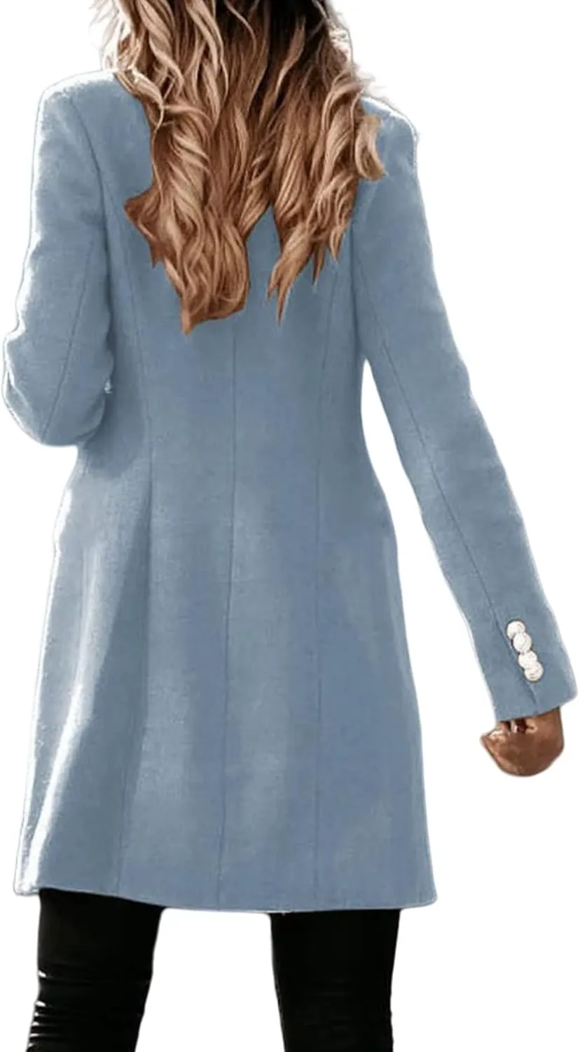 Wool Trench Coat Women Double Breasted Pea Coat Casual Long Sleeve Blazer Notch Collar Jacket Fall Winter Overcoat