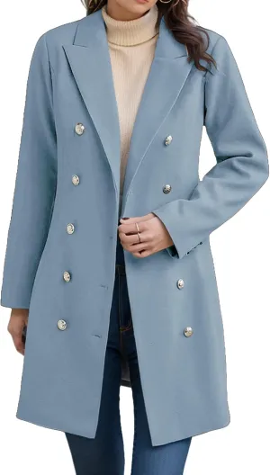 Wool Trench Coat Women Double Breasted Pea Coat Casual Long Sleeve Blazer Notch Collar Jacket Fall Winter Overcoat