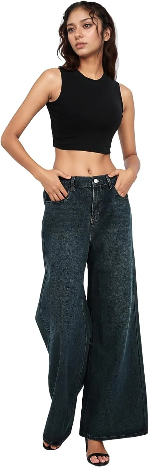Xineicy Women's Jeans Y2K Wide Leg Baggy Jeans High Waist Loose Vintage 90s Boyfriend Denim Pants