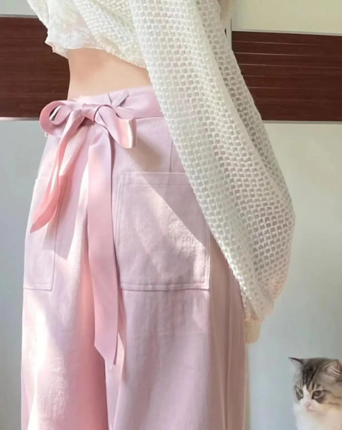 Y2K Bow Tie Jeans for Women Baggy Casual Wide Leg Pants Kawaii Straight High Waist Drawstring Pink Trousers