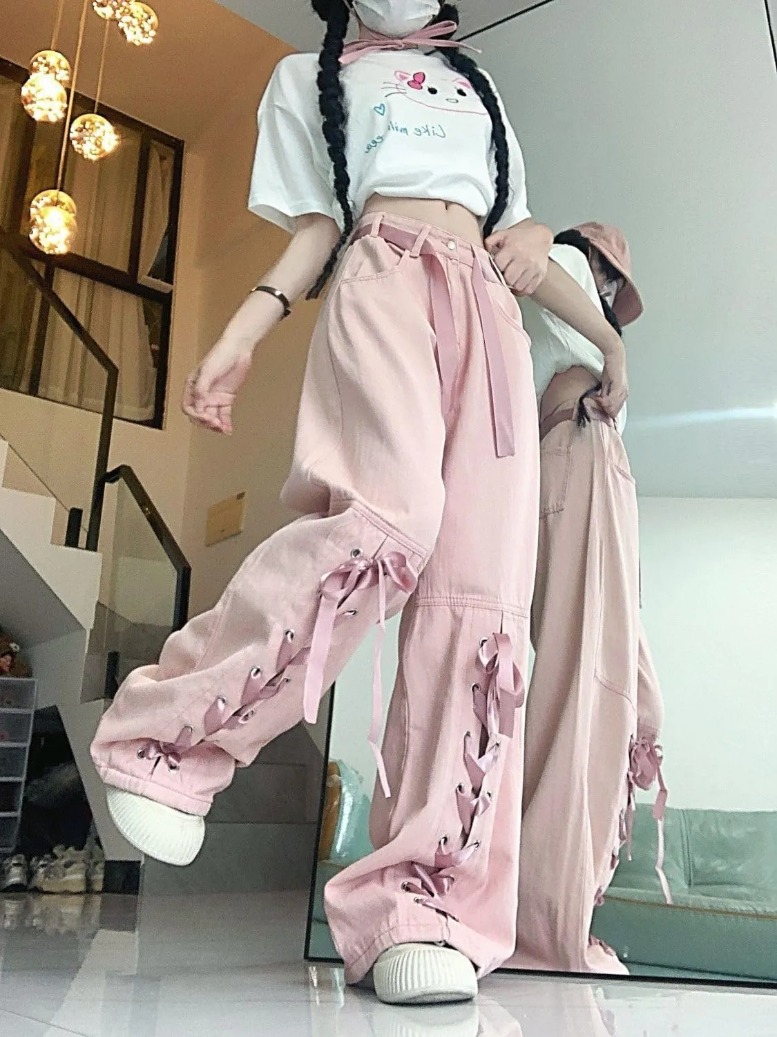 Y2K Bow Tie Jeans for Women Baggy Casual Wide Leg Pants Kawaii Straight High Waist Drawstring Pink Trousers