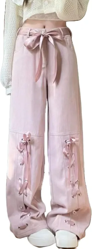 Y2K Bow Tie Jeans for Women Baggy Casual Wide Leg Pants Kawaii Straight High Waist Drawstring Pink Trousers