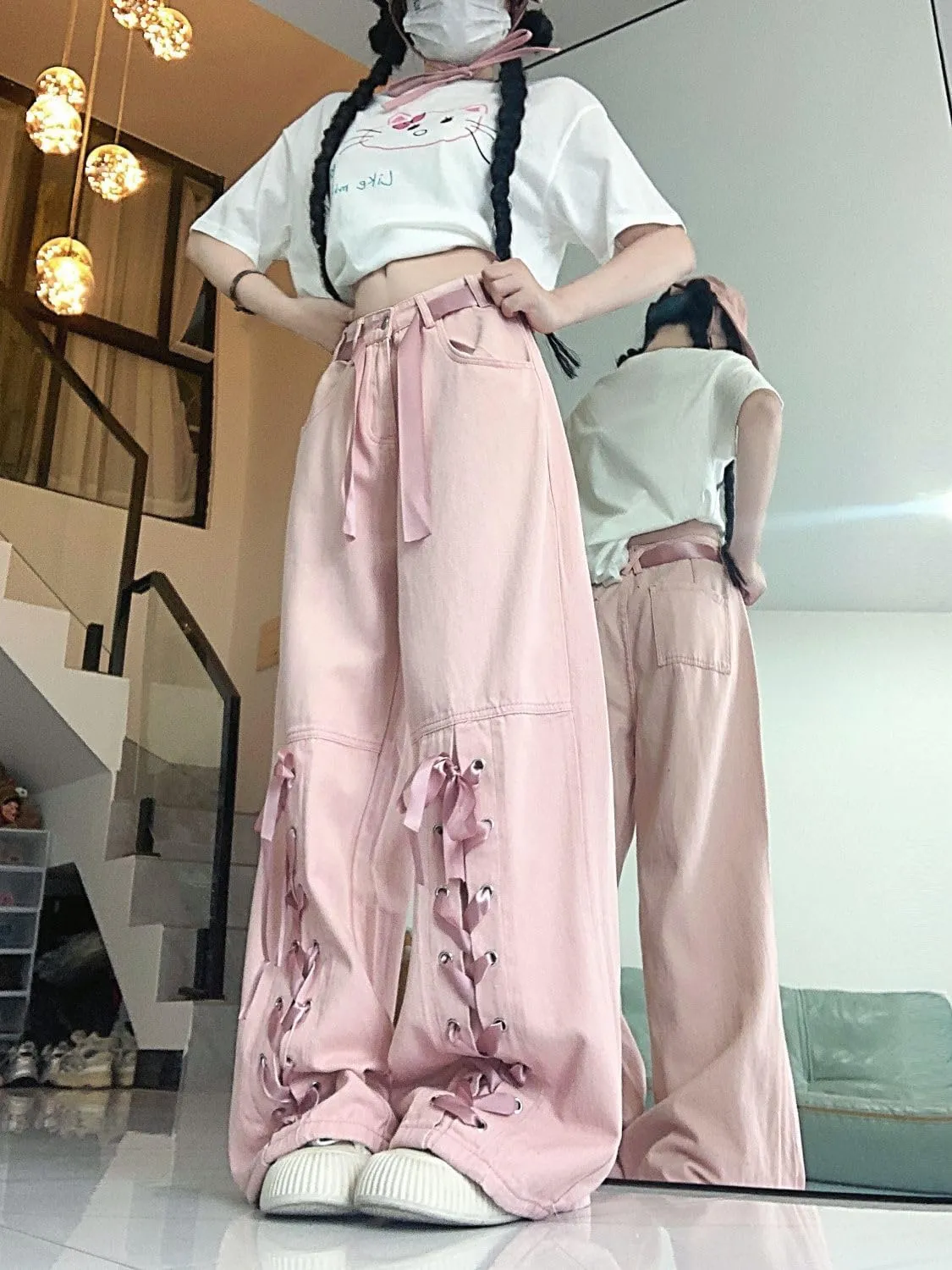 Y2K Bow Tie Jeans for Women Baggy Casual Wide Leg Pants Kawaii Straight High Waist Drawstring Pink Trousers