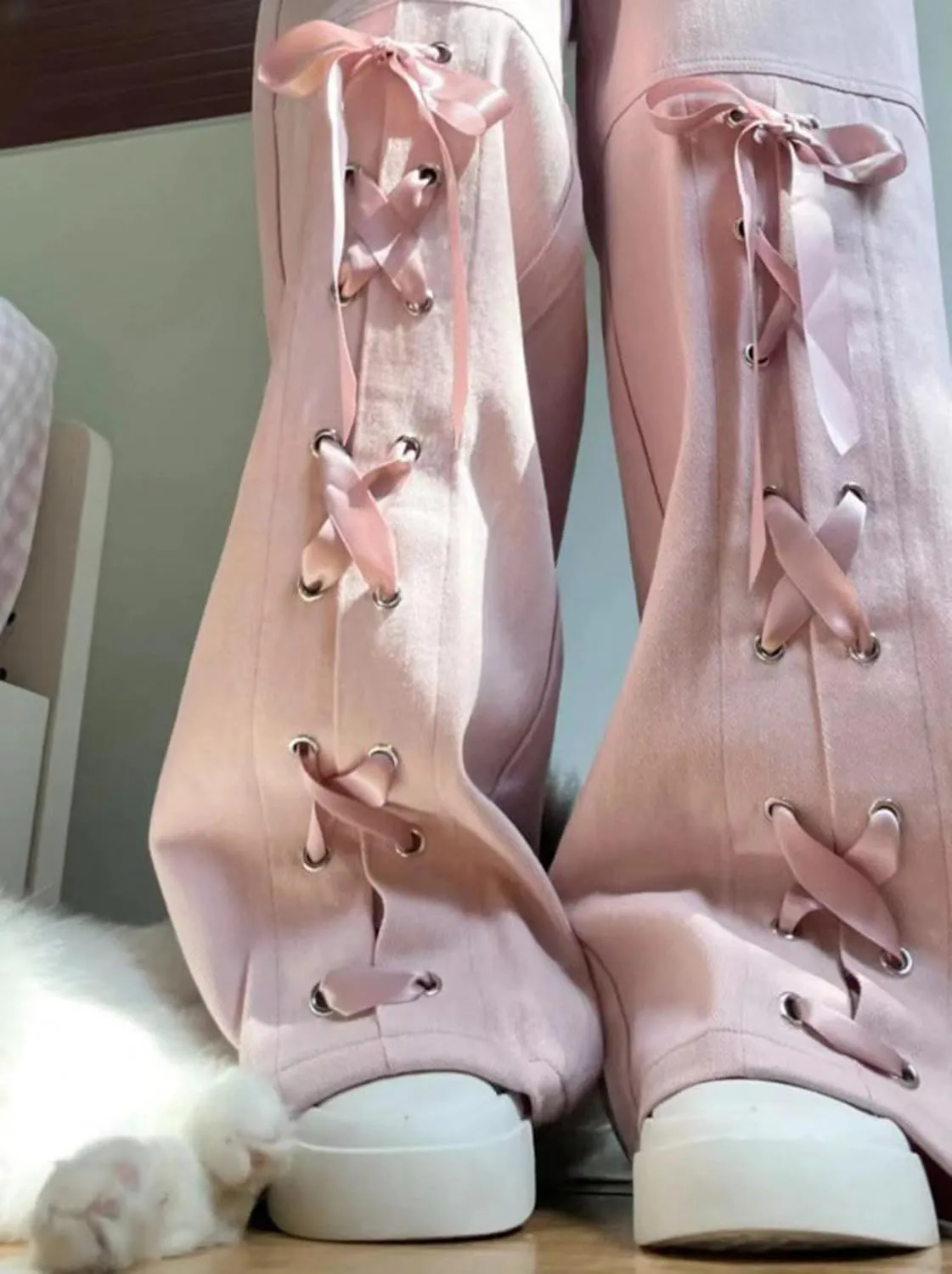 Y2K Bow Tie Jeans for Women Baggy Casual Wide Leg Pants Kawaii Straight High Waist Drawstring Pink Trousers