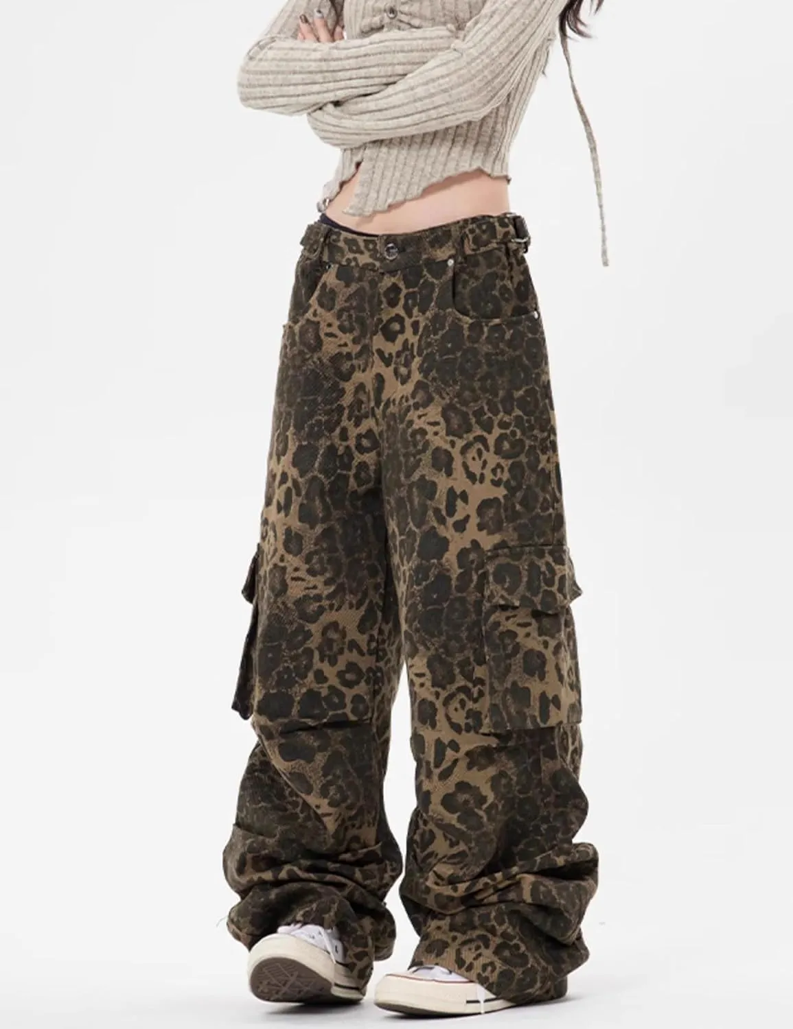 Y2k Leopard Pants Wide Leg Jeans Woman Loose Fit Jeans Hip Hop Pants Vintage Baggy Trousers