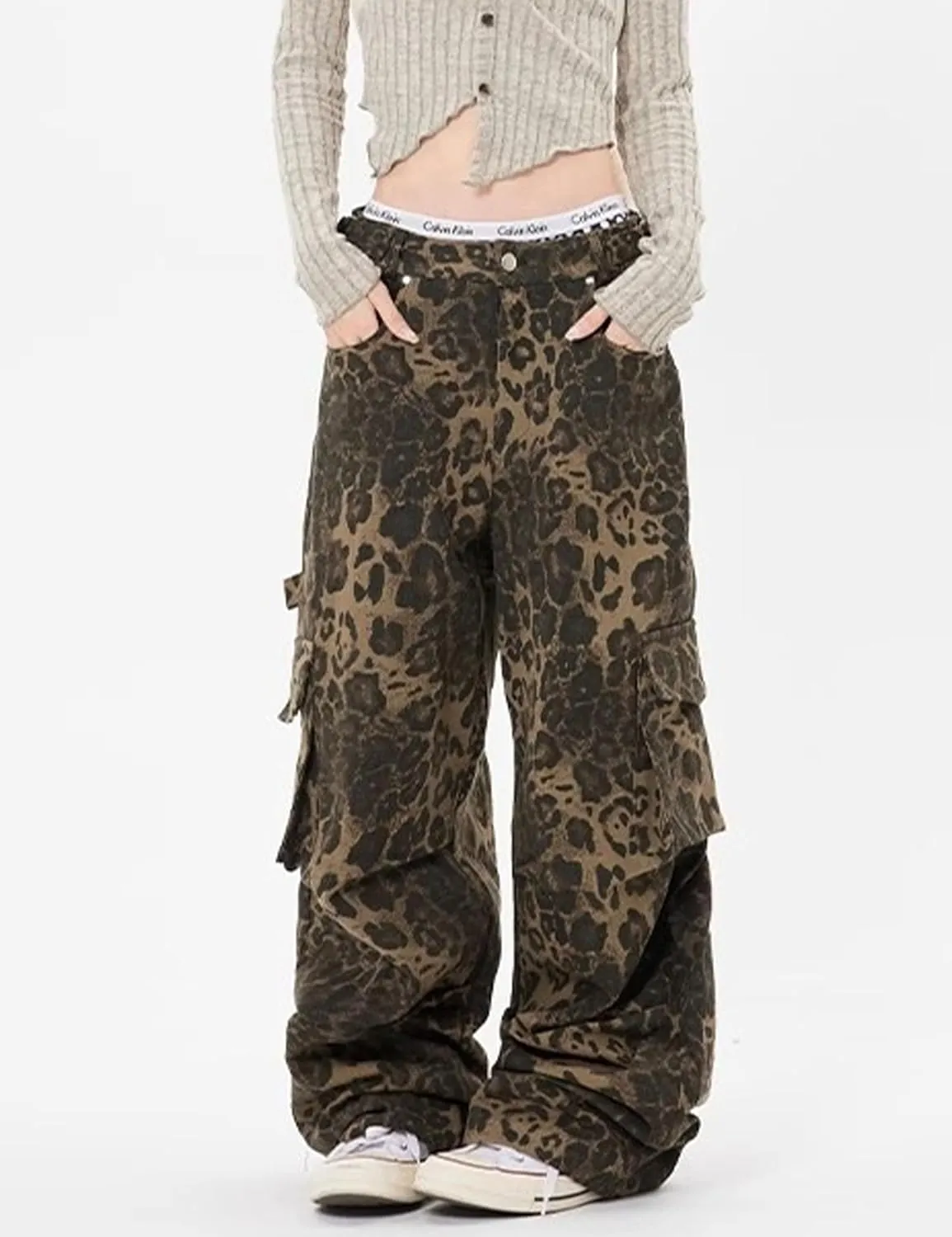 Y2k Leopard Pants Wide Leg Jeans Woman Loose Fit Jeans Hip Hop Pants Vintage Baggy Trousers