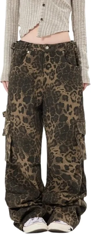 Y2k Leopard Pants Wide Leg Jeans Woman Loose Fit Jeans Hip Hop Pants Vintage Baggy Trousers