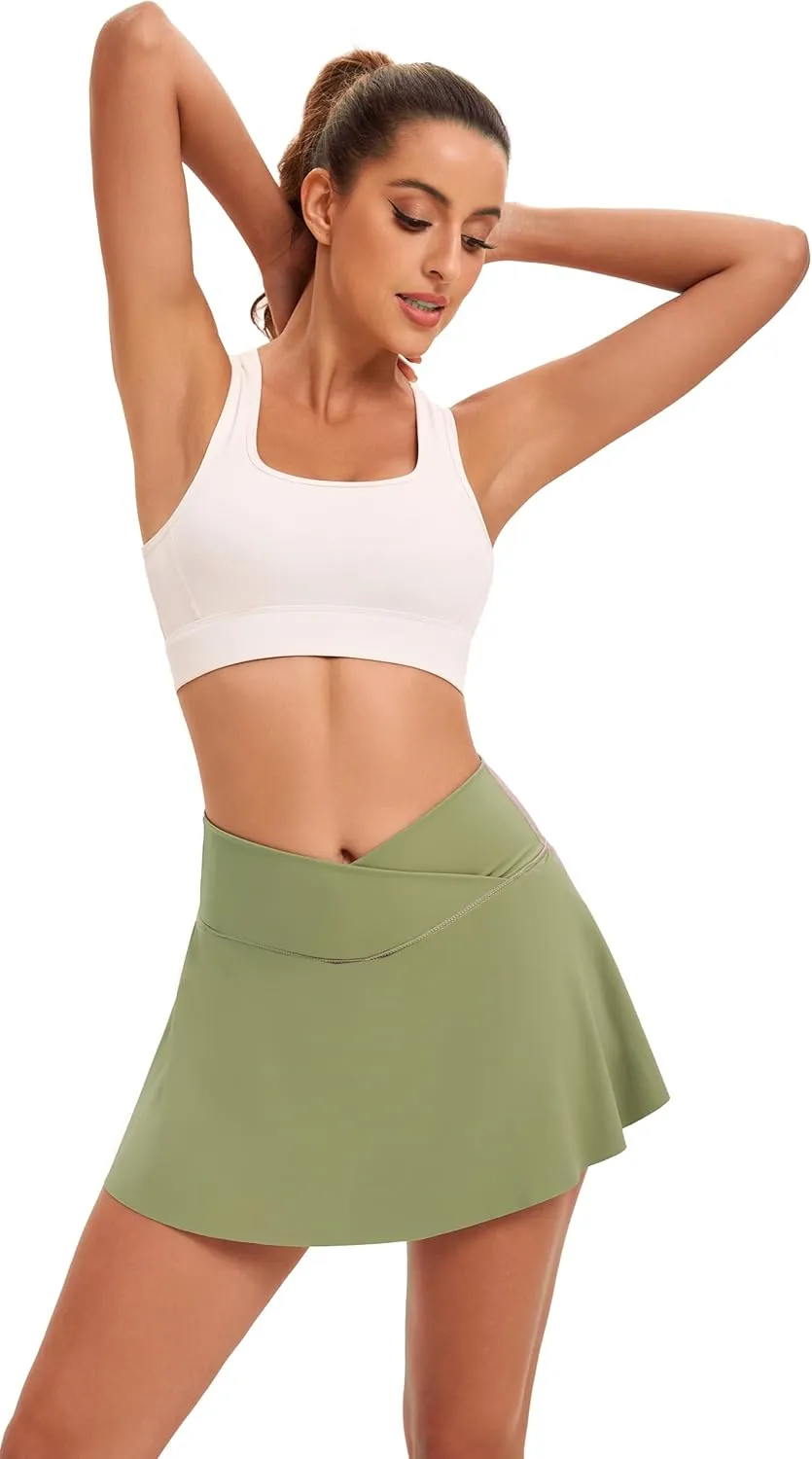 Yknktstc Womens Pleated Tennis Skirt with Pockets Crossover High Waist Athletic Golf Skorts Workout Sports Gym Skirts