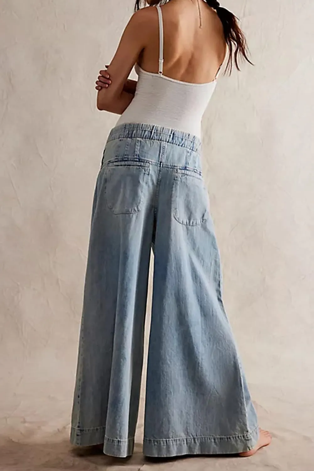 yoeasy Womens Mid Rise Wide Leg Jeans Elastic Drawstring Loose Ruffle Pleated Denim Pants Y2k Baggy Boyfriend Jeans