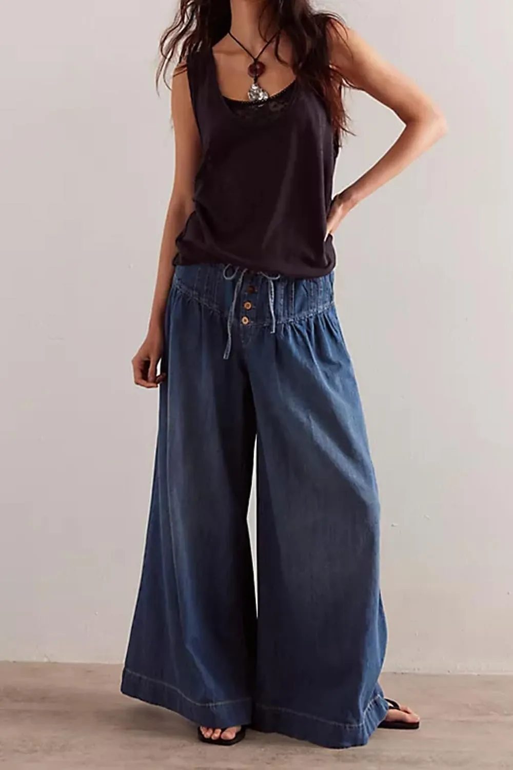 yoeasy Womens Mid Rise Wide Leg Jeans Elastic Drawstring Loose Ruffle Pleated Denim Pants Y2k Baggy Boyfriend Jeans