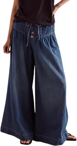 yoeasy Womens Mid Rise Wide Leg Jeans Elastic Drawstring Loose Ruffle Pleated Denim Pants Y2k Baggy Boyfriend Jeans