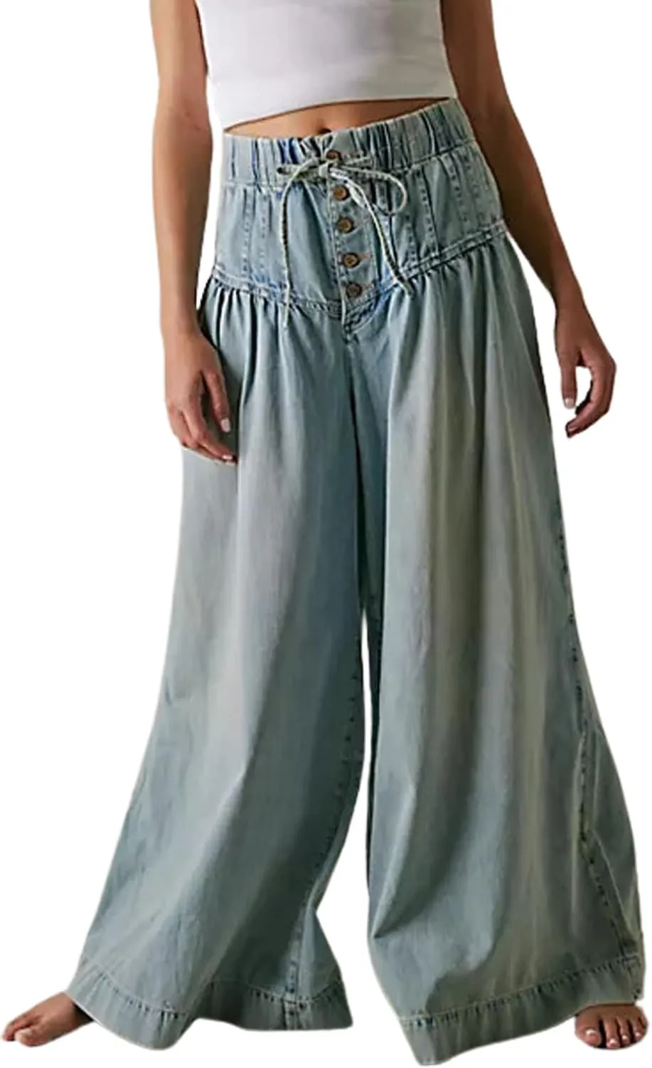 yoeasy Womens Mid Rise Wide Leg Jeans Elastic Drawstring Loose Ruffle Pleated Denim Pants Y2k Baggy Boyfriend Jeans